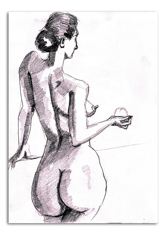 NUde woman holding a round object